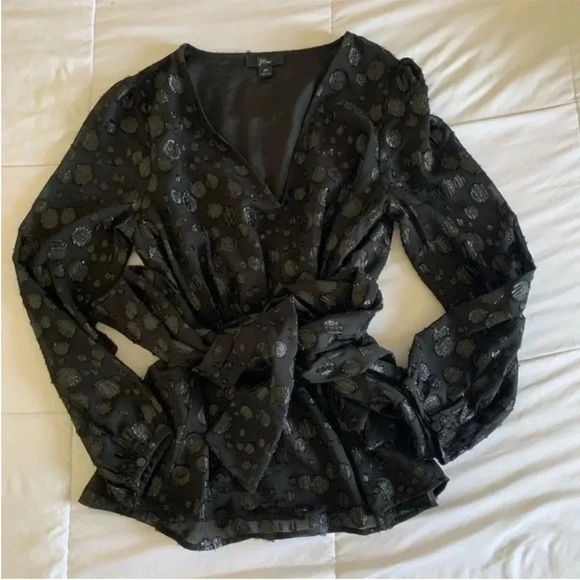 J. Crew Black Wrap Tie metallic dot Front Blouse - Picture 4 of 9